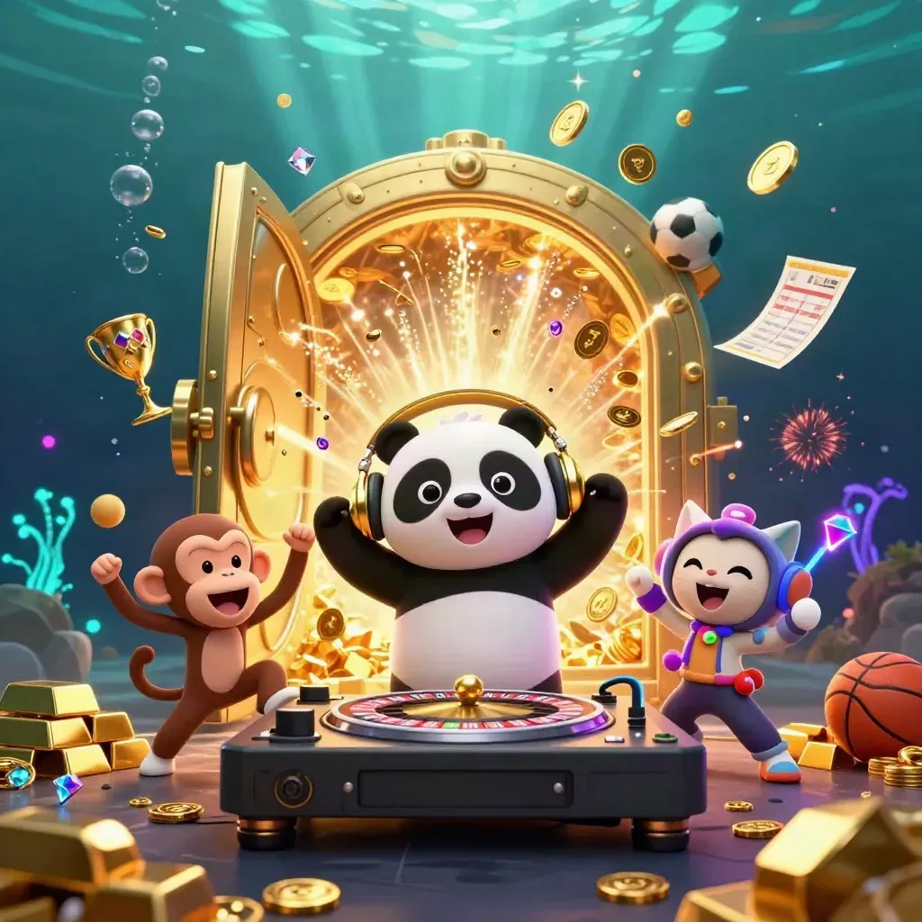 Panda DJ, monyet breakdance, dan kucing glow-stick di depan brankas emas meledak.