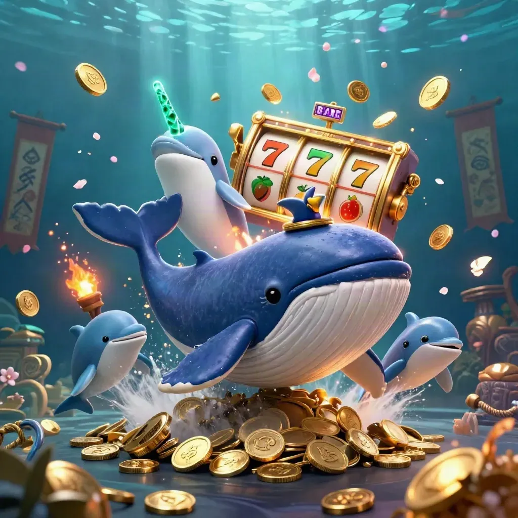 Paus kapten, narwhal, dan lumba-lumba di lautan koin dengan elemen slot mewah.