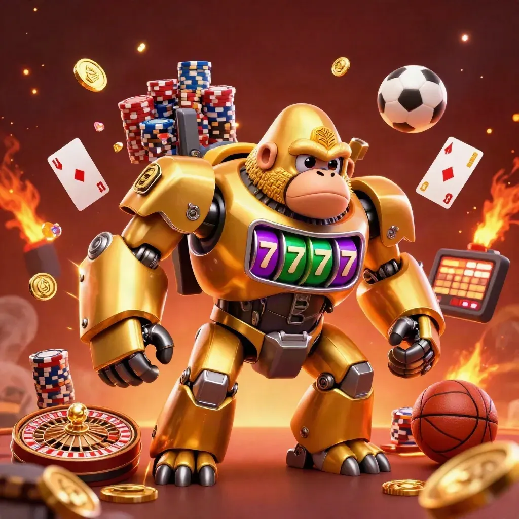 Gorila mech emas bertema slot dikelilingi koin, chip, bola olahraga, dan api neon.