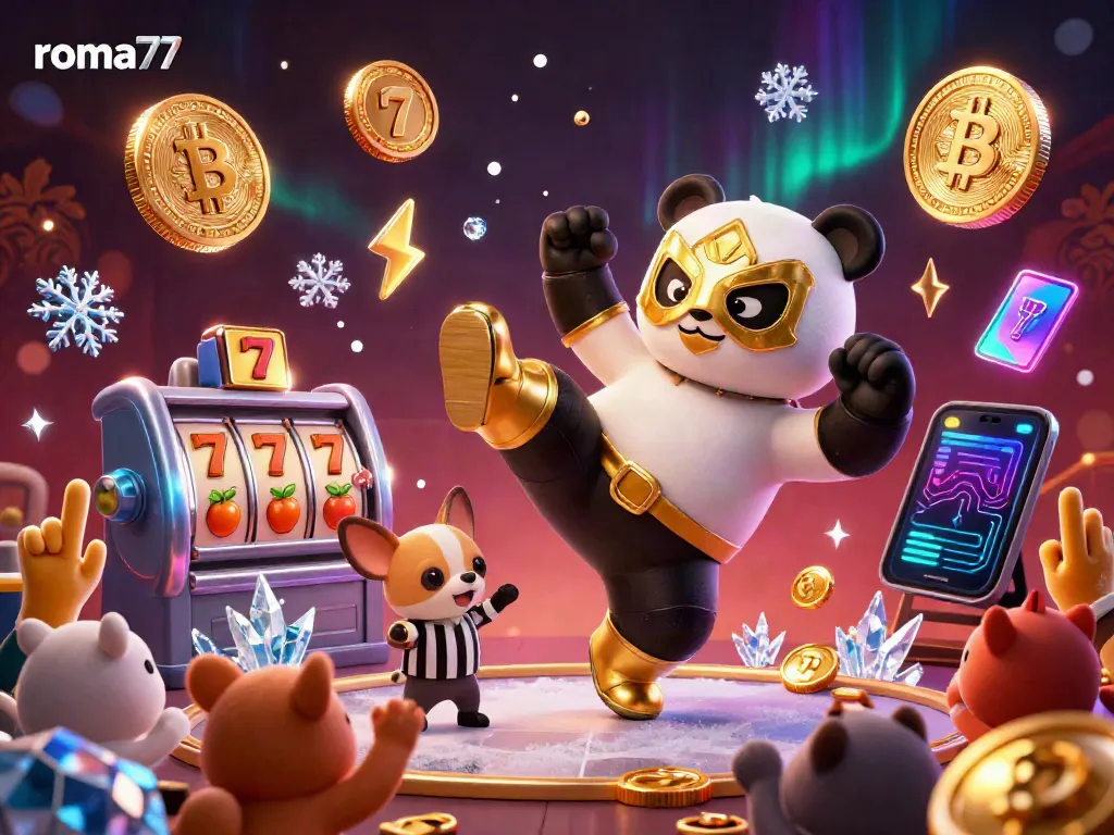 Menggambarkan panda pegulat profesional 3D dengan topeng emas melakukan tendangan melayang di atas latar belakang kasino roma77