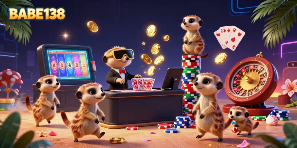 Koleksi permainan BABE138 dengan meerkat yang beroperasi di kasino, dikelilingi oleh chip dan permainan slot.