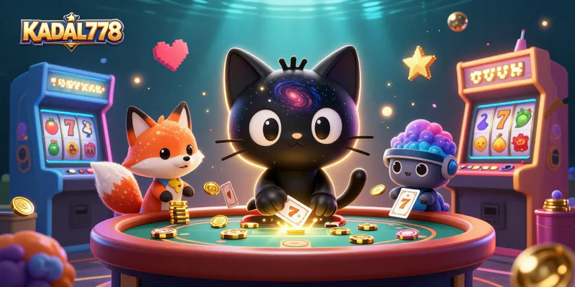 KADAL778 offers thrilling gaming experience with a black hole cat amidst colorful slot machines.