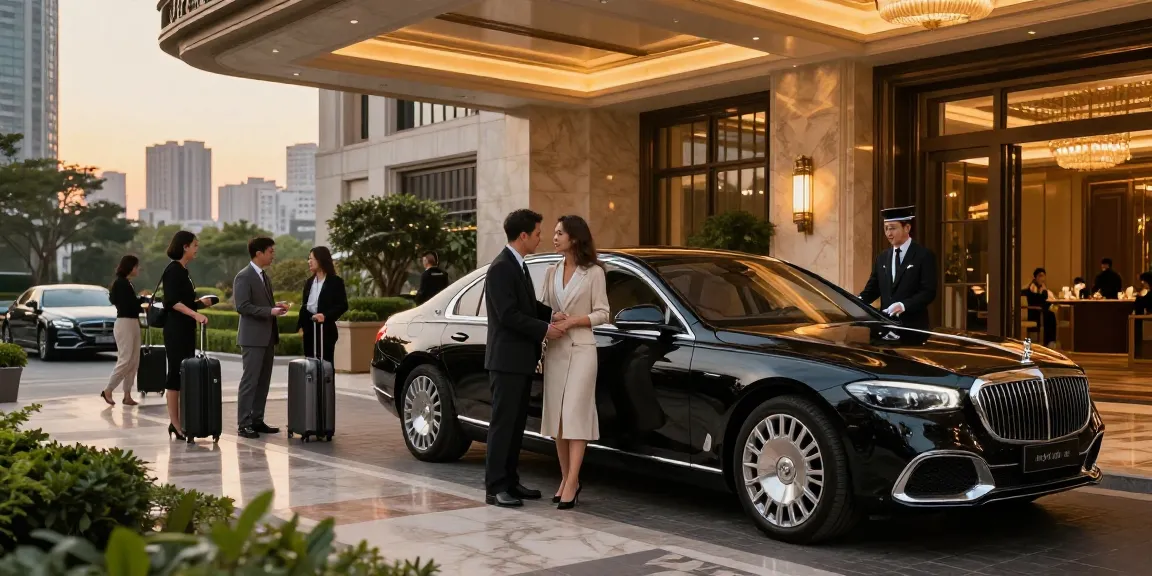 Pengalaman menyewa mobil mewah LUXURY 777 di lingkungan urban yang mewah dengan pasangan stylish.