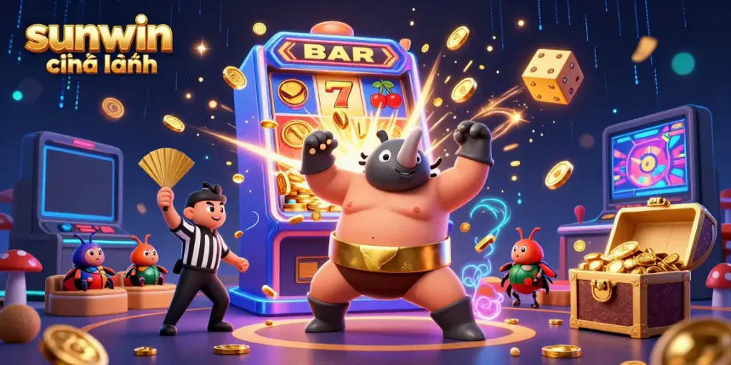 Experience thrilling gameplay in sunwin chính hãng with a dynamic scene of a sumo beetle champion, slot machines, and coins flying.