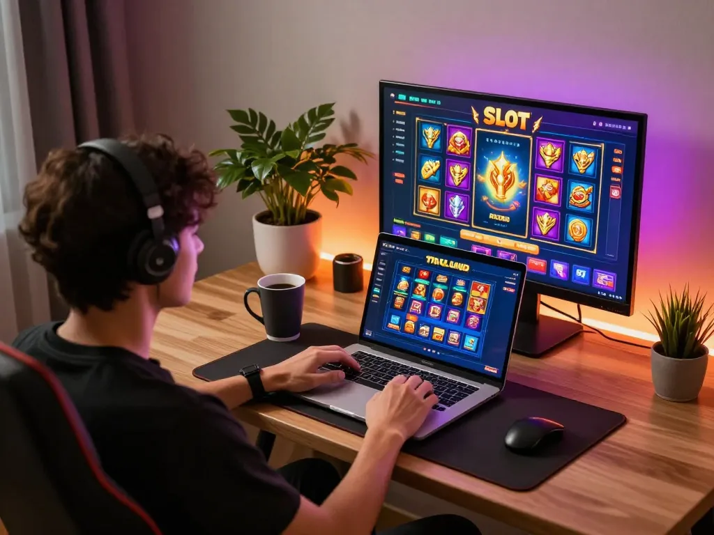 Engaging gameplay at Slot Thailand online casino on a stylish gaming setup with laptop interface
