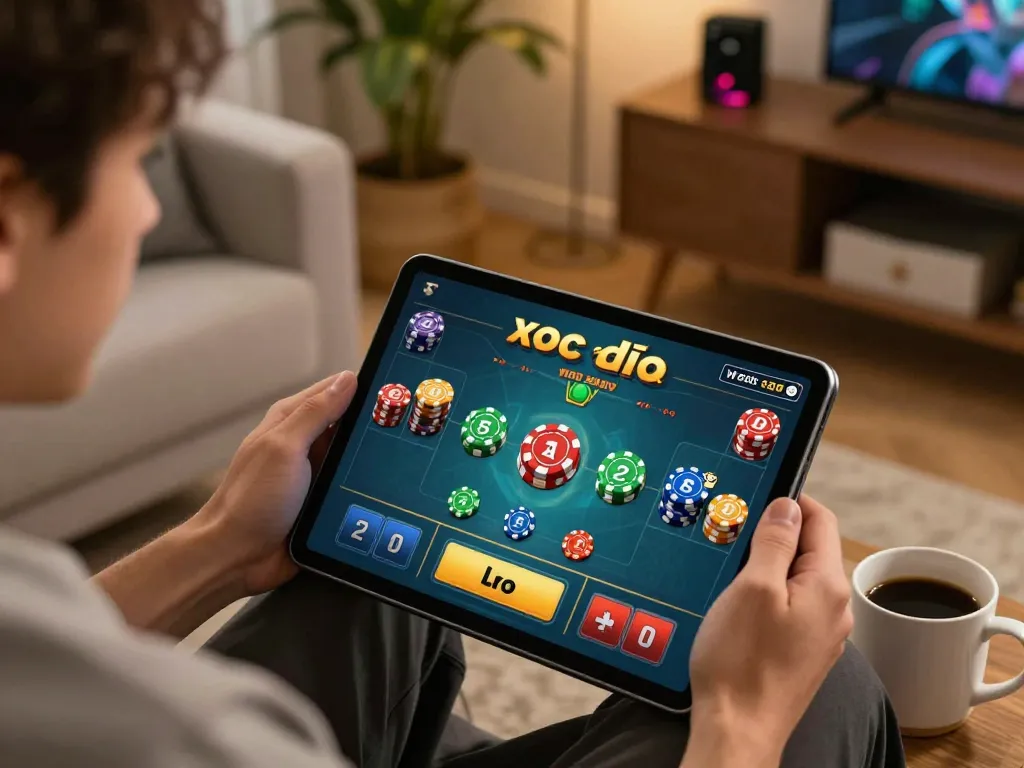 Player enjoying a thrilling xóc đĩa game on a tablet in a cozy home setting.