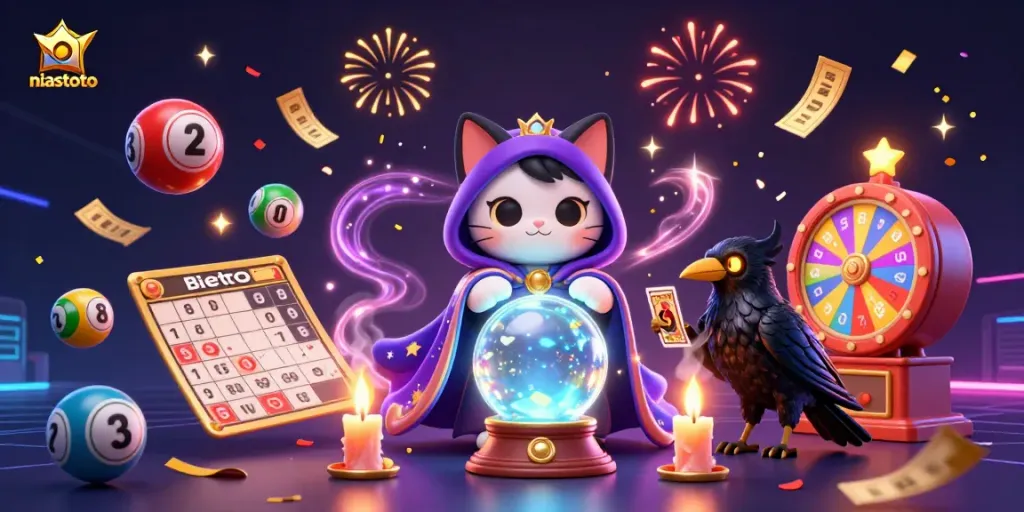 NIASTOTO gaming platform featuring a mystic cat and raven amidst vibrant lottery balls and a prize wheel.