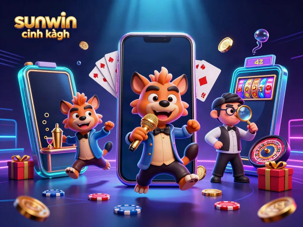 Engage with the vibrant casino scene showcasing sunwin chính hãng, featuring animated hyenas in a comedy club atmosphere.
