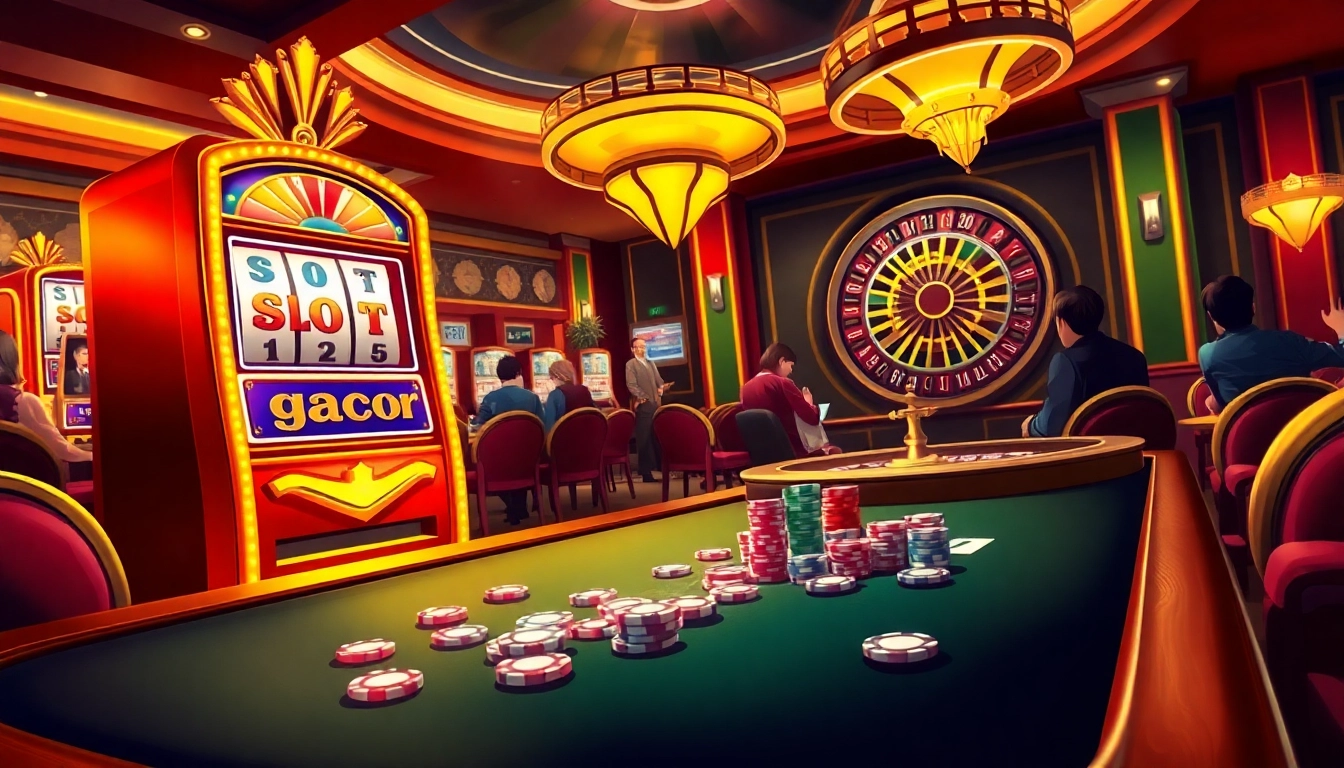 Para pemain merayakan kemenangan di adegan kasino slot gacor yang hidup dengan susunan chip yang menarik.