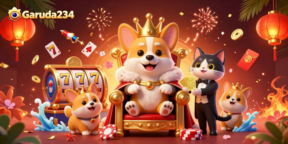 Experience excitement with Garuda234 as corgis play cards in a vibrant casino setting.