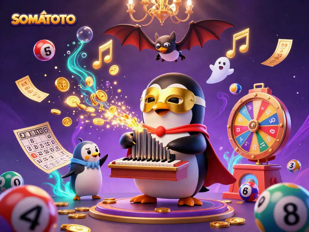 Engage with SOMATOTO through a vibrant scene of a penguin playing a coin-shooting organ amidst lottery balls and prizes.