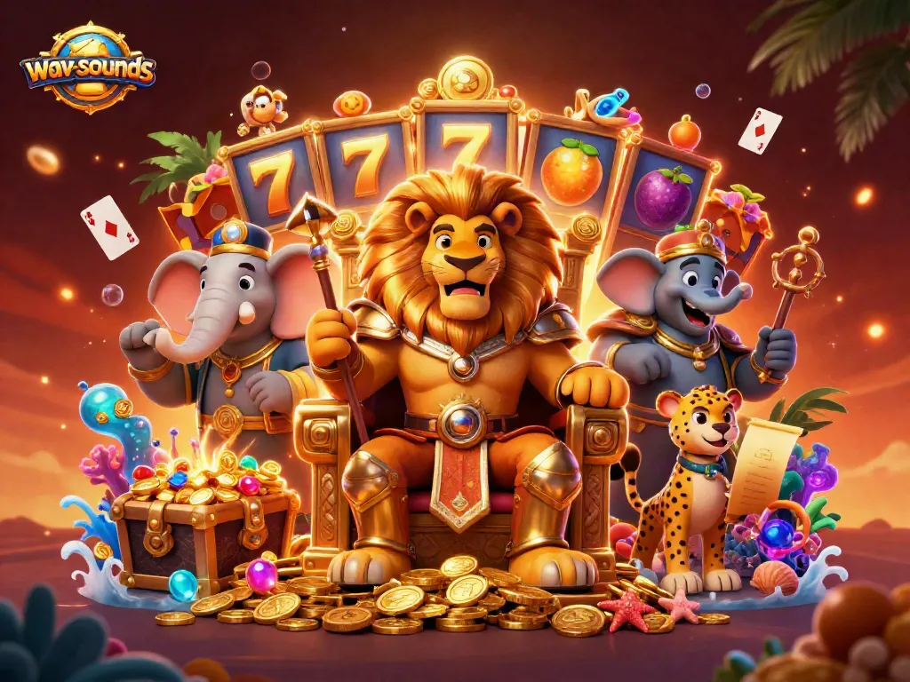 wav-sounds menyajikan ilustrasi 3D kasino dengan singa, gajah, dan cheetah, dikelilingi simbol permainan slot.