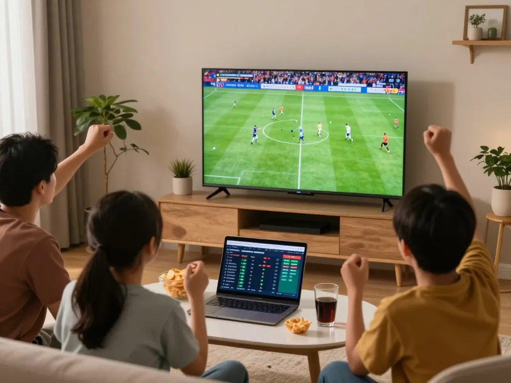 Xem bóng đá Socolive with friends enjoying a live football match on smart TV in a cozy living room