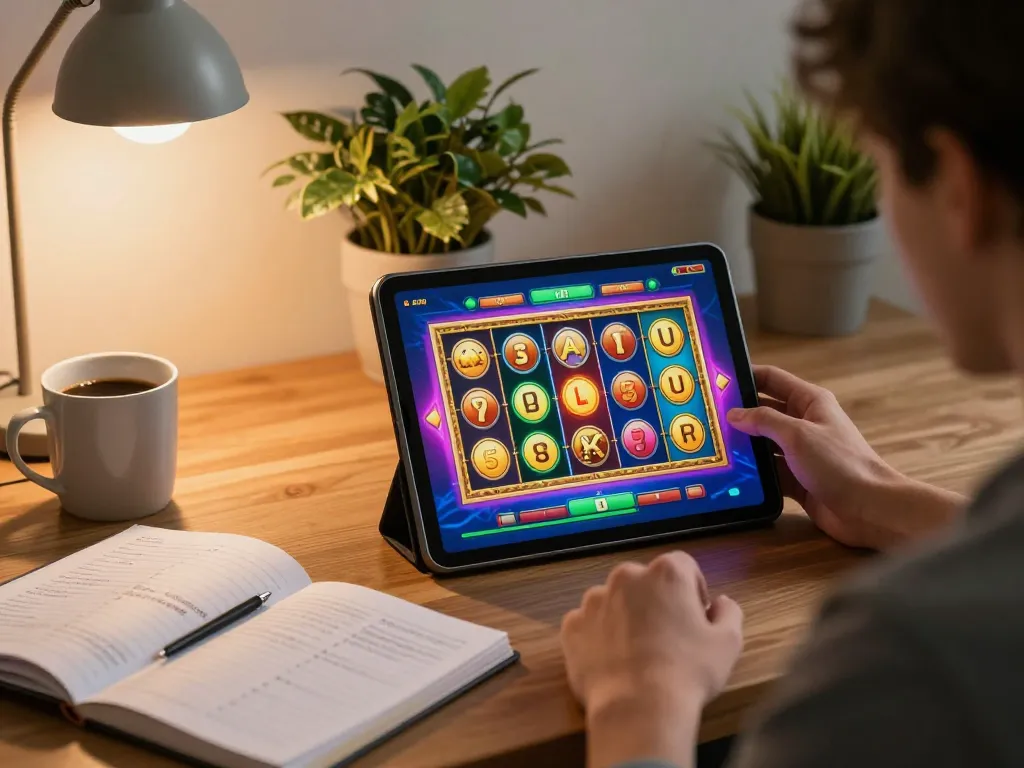 NAGA2000 player enjoying online slots on tablet in a cozy home setup, showcasing strategic gaming.