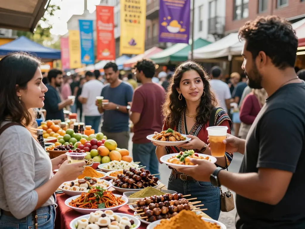 Pasar urban yang ramai dengan jebolwd, wanita muda menikmati hidangan tradisional sambil bincang dengan penjual, suasana hangat dan ramai.