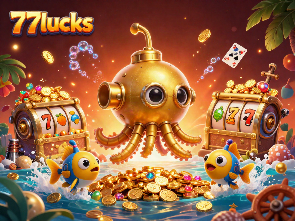 77lucks menampilkan grafik slot yang memukau di tengah lautan koin emas.