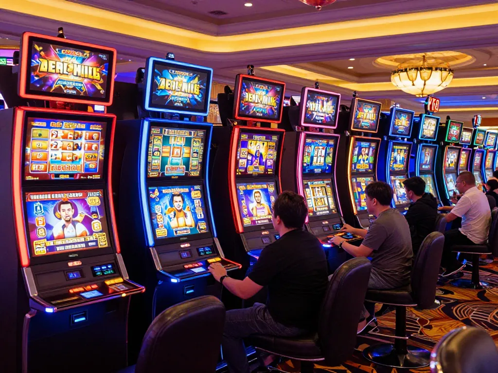 Experience the excitement of LGOGOAL with players enjoying colorful slot machines in a modern casino.
