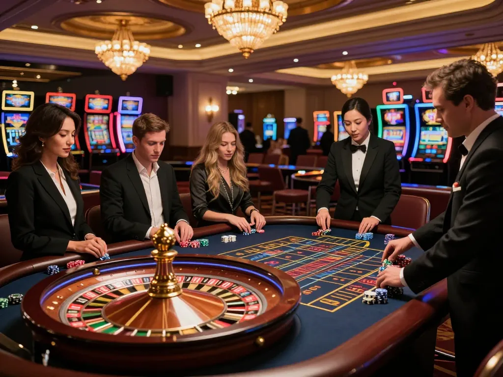 Players enjoying a thrilling roulette game on the VA88 casino floor, vibrant atmosphere with colorful chips and elegant decor