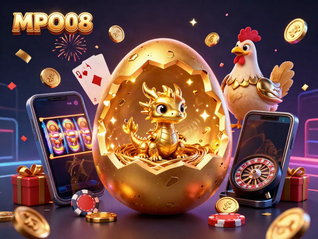 MPO08 showcases a dazzling 3D scene of a golden baby dragon revealing poker chips, surrounded by vibrant casino elements.