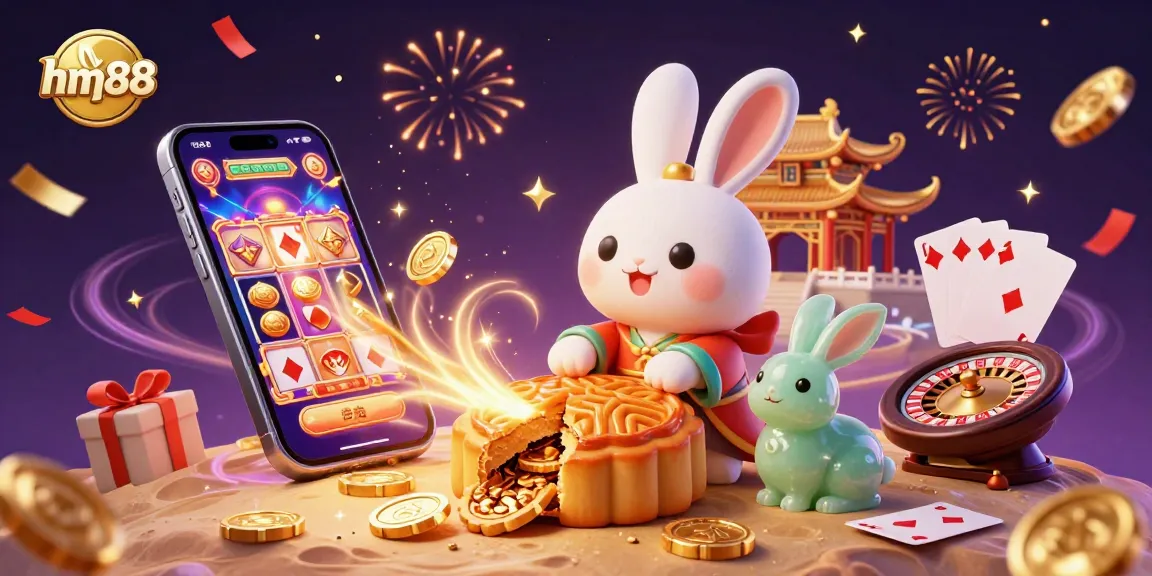 Experience enchanting gaming with hm88 as the moon rabbit reveals poker chips amidst vibrant casino elements.