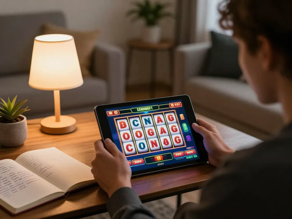 Player enjoying an online gaming session on BERLIAN889 with vibrant slot reels and bankroll notes visible