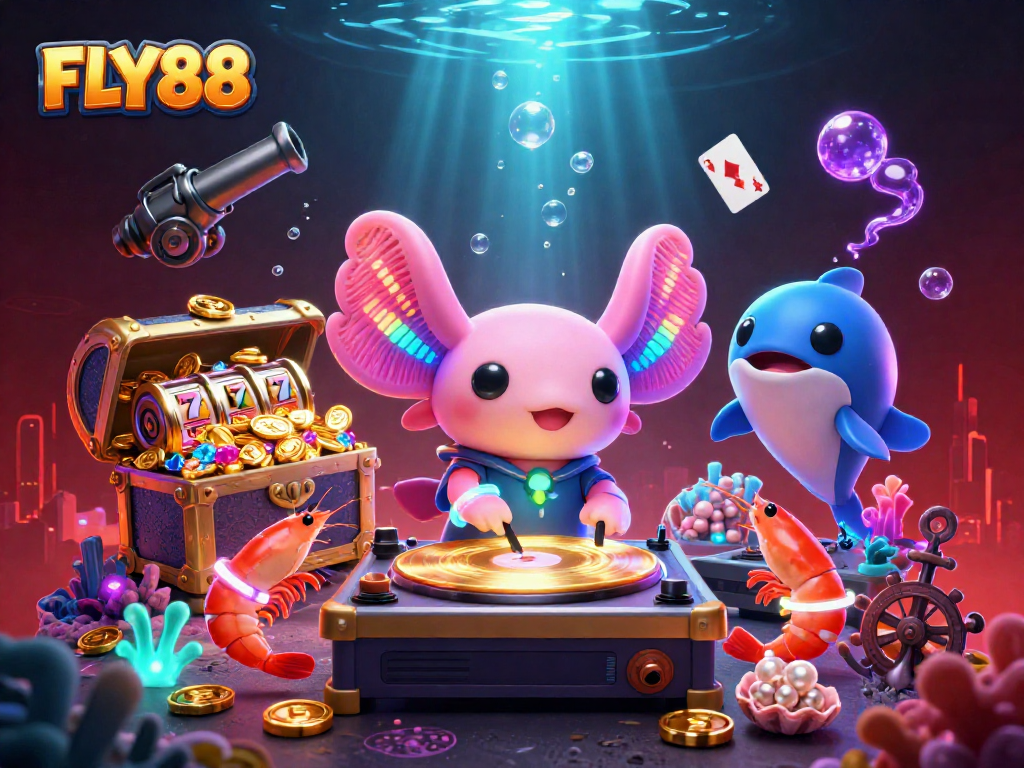 FLY88's vibrant underwater casino scene features a DJ axolotl and dancing sea creatures promoting gaming excitement.