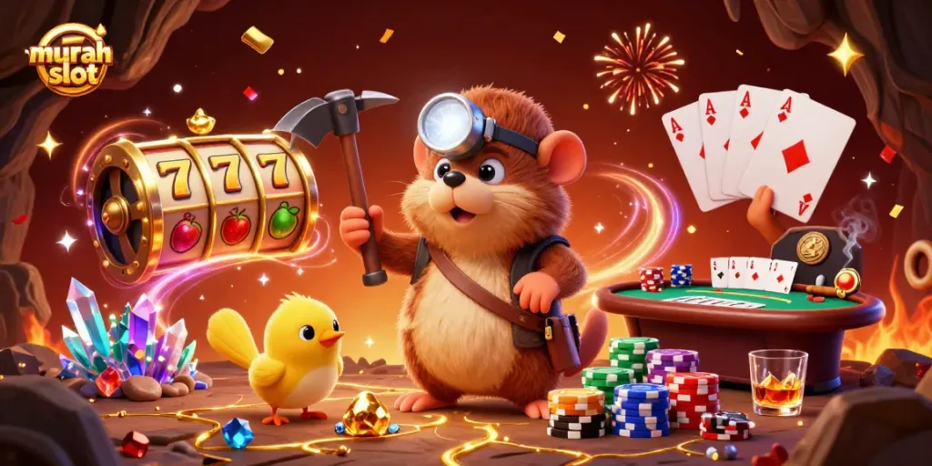 Unleash the excitement of murahslot with a treasure hunter mole, vibrant casino elements, and thrilling slot action.
