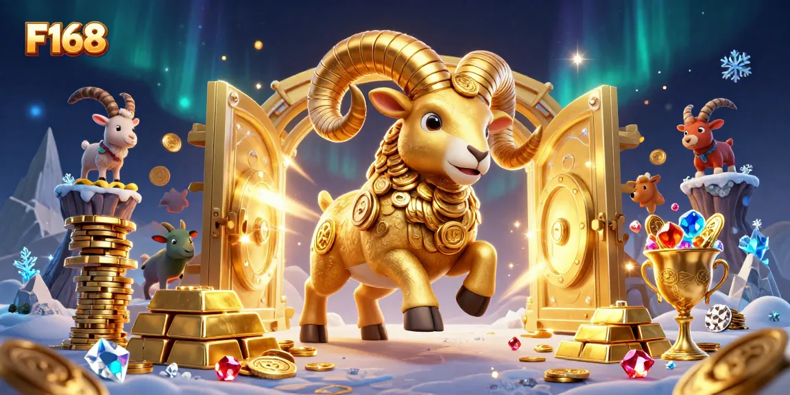 Experience thrilling F168 action with a golden ram breaking through riches in an exciting casino scene.