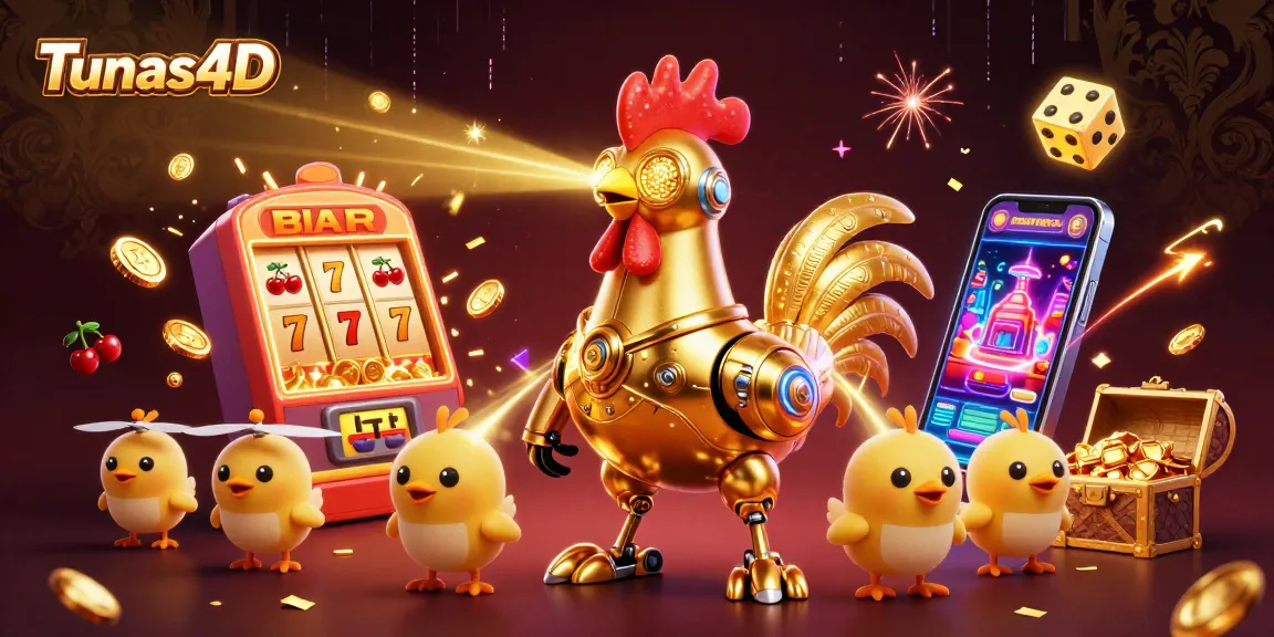 Tunas4D mengakses mesin slot 3D dengan jackpot, dikelilingi robot ayam emas dan drone anak ayam.