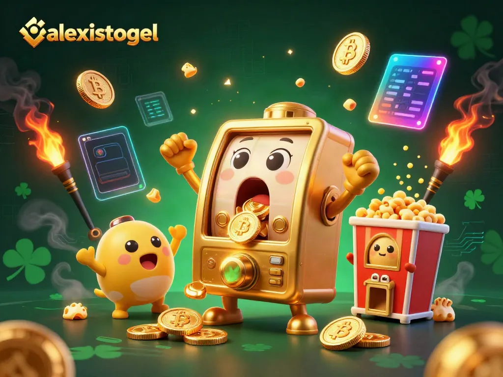 Mesin slot beruntung "alexistogel" mengeluarkan koin emas saat jackpot, dikelilingi elemen kripto.