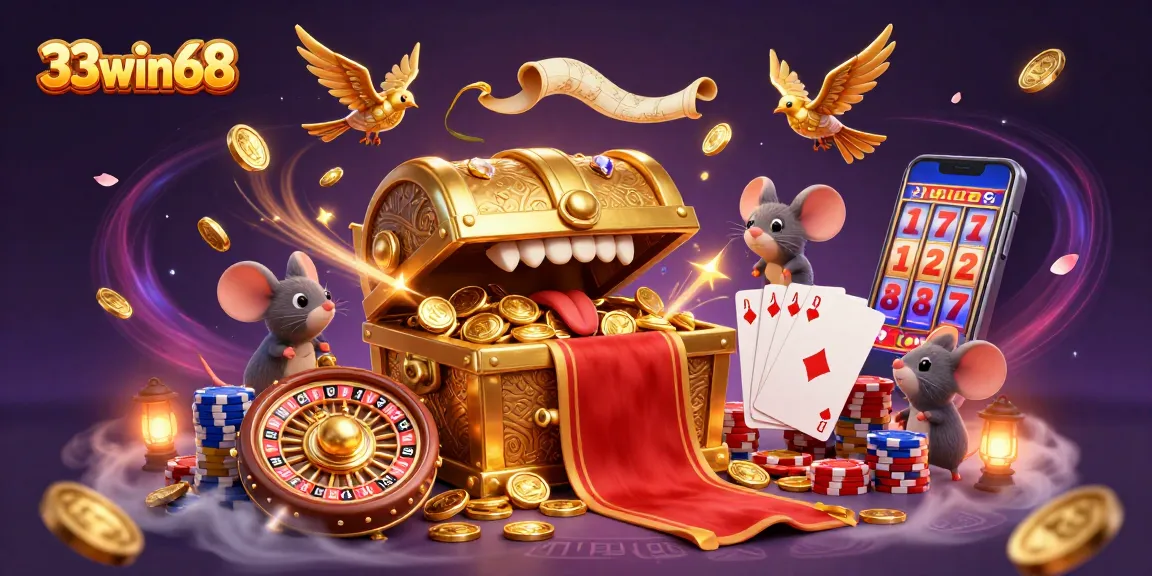 Experience dynamic gaming with 33win68 as adventurer mice pursue treasures amidst vibrant casino elements.