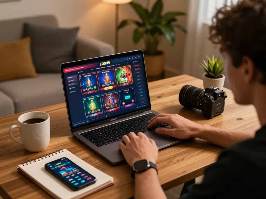 LGO99 player enjoying strategic online gaming experience with vibrant interface and cozy setup.