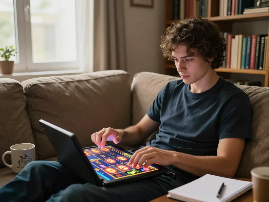 Engaging gameplay experience at home with IDNSCORE slot games on tablet setting up for big wins