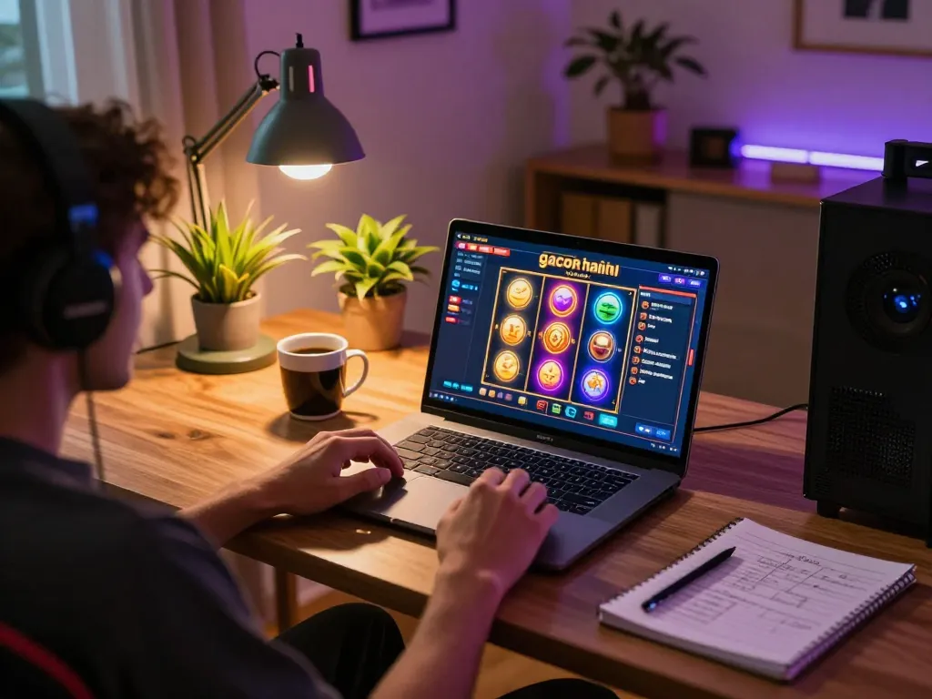Engaging in slot gacor hari ini with a vibrant online gaming setup at home, featuring a colorful laptop interface.