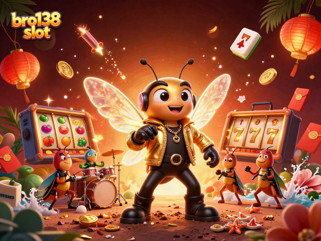 Spin the bro138 slot with a dynamic illustration of a rock star cicada and vibrant casino elements.