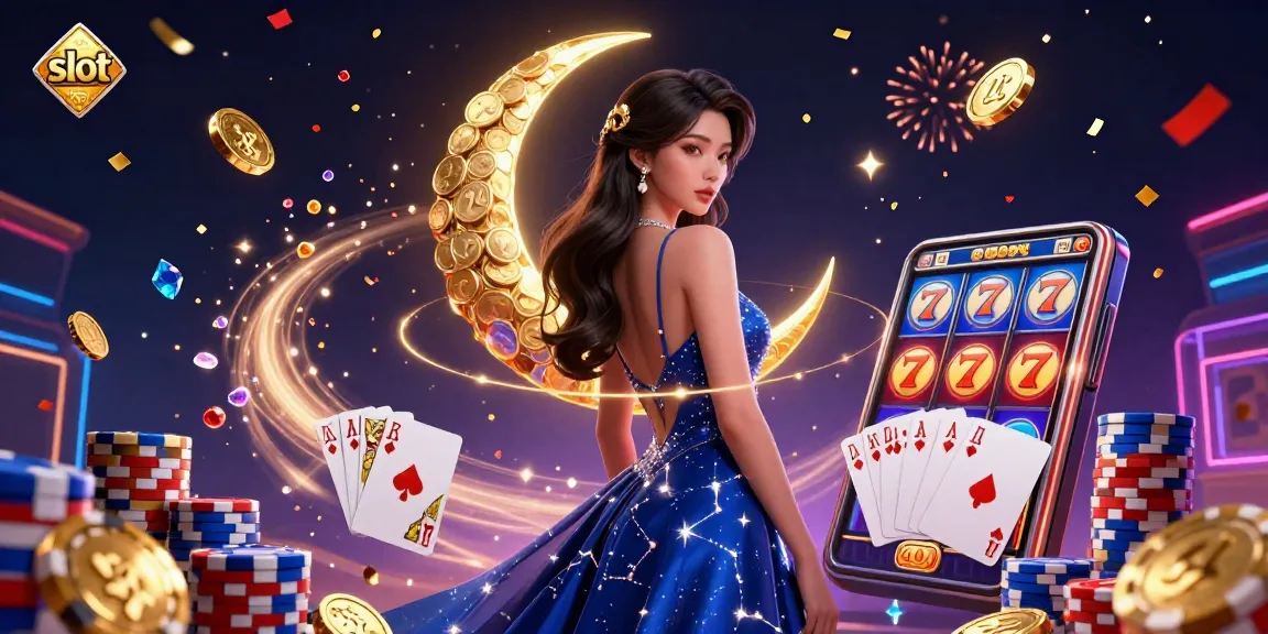 Spin the slot reels featuring lucky sevens in a vibrant casino scene, celebrating with confetti.