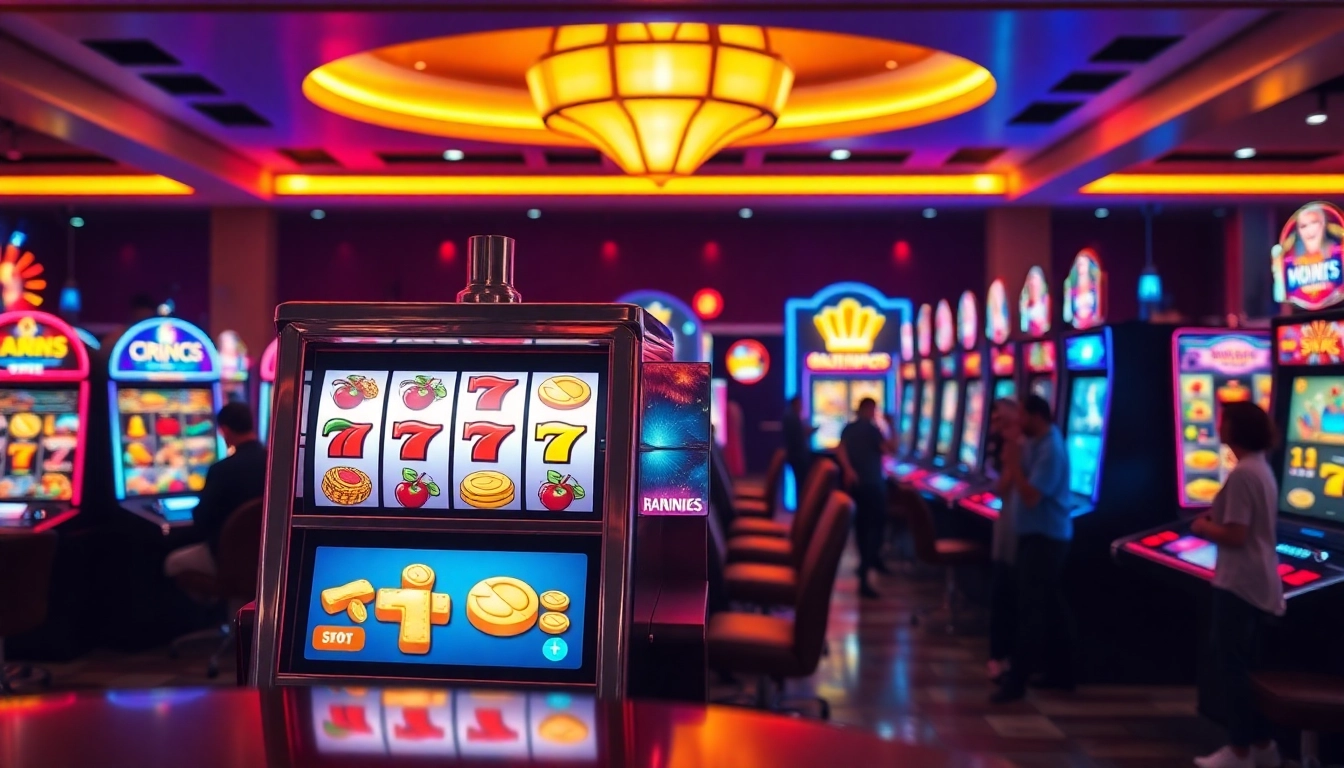 Exciting slot machine display showcasing vibrant symbols and players celebrating wins.