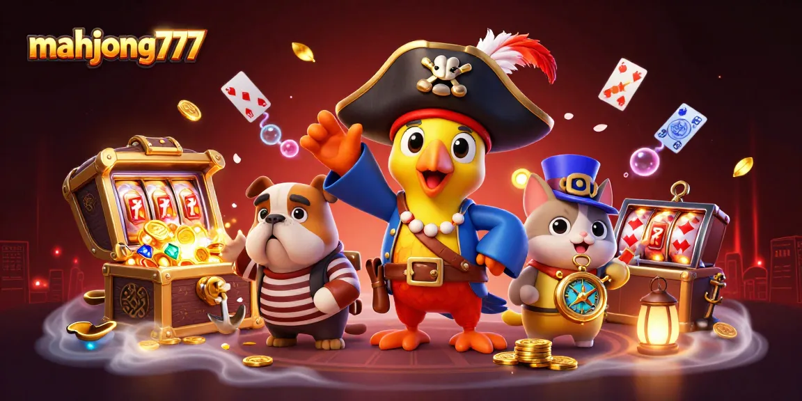 Experience mahjong777 excitement with vibrant cartoon pirates and casino treasures in a dynamic scene.