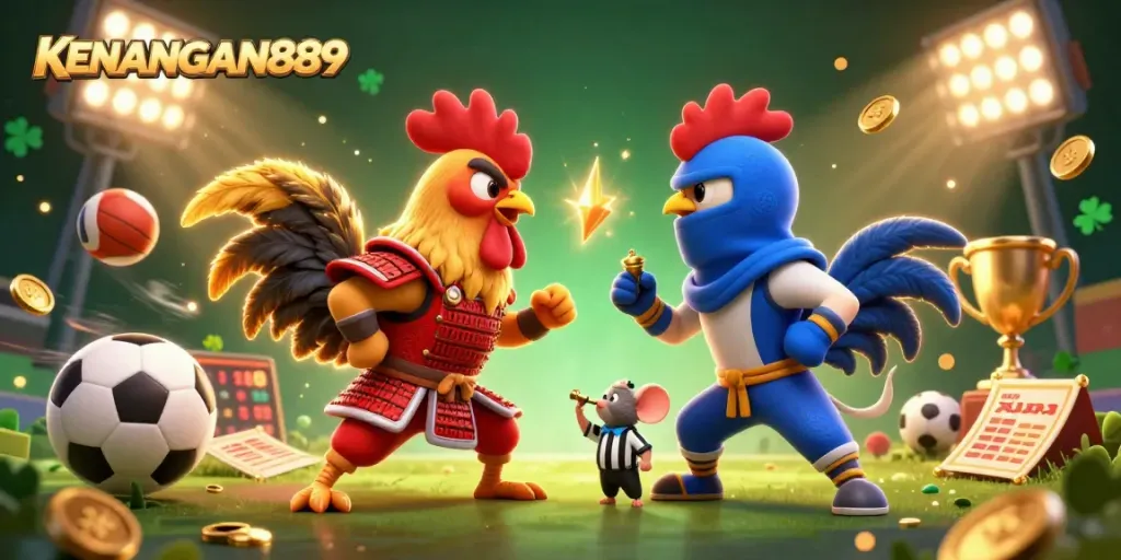 KENANGAN889 features dynamic roosters facing off amidst vibrant sports elements in a thrilling casino scene