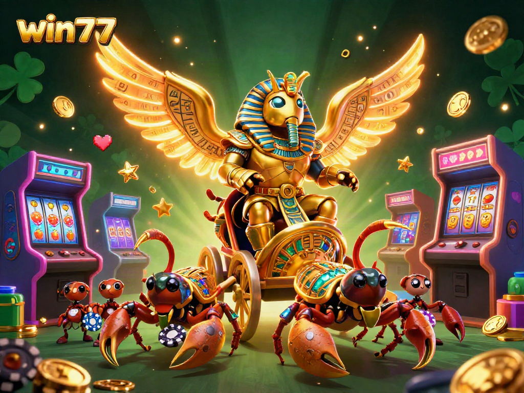Menangkan slot di win77 dengan gambaran mesin slot mengkilap dan karakter unik di kasino virtual.