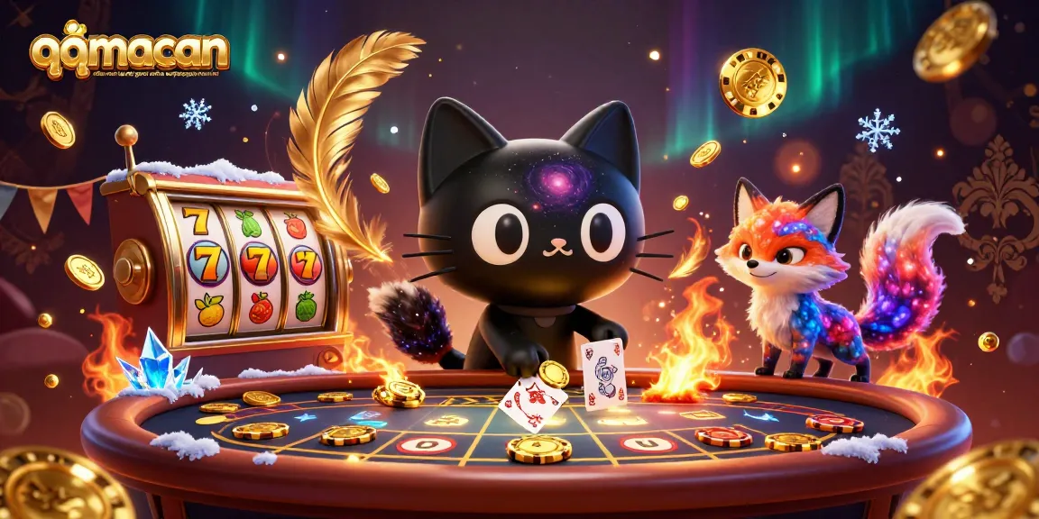 Experience qqmacan situs resmi toto slot gacor online terpercaya hari ini with magical casino characters around slot reels and golden chips.