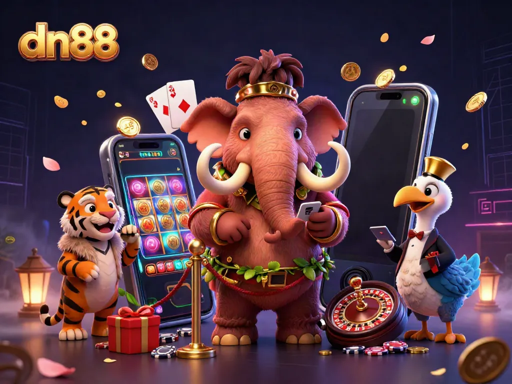 Experience the vibrant excitement of dn88 with a woolly mammoth bouncer checking IDs at a lively casino scene.