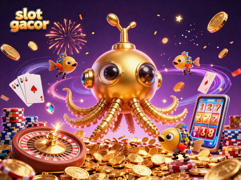 Slot gacor: Menampilkan karakter kraken emas di lautan koin emas dan alat kasino yang menawan.