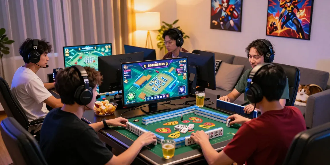 Dynamic scene of players enjoying MAHJONGJP88 dan permainan online in a cozy living room, showcasing vibrant game graphics and social interaction.