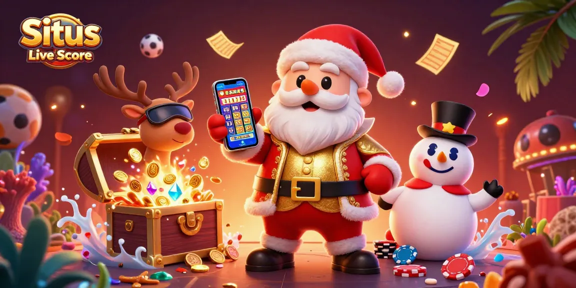 Situs Live Score showcases Santa with a jackpot smartphone alongside sports betting elements in a vibrant scene.