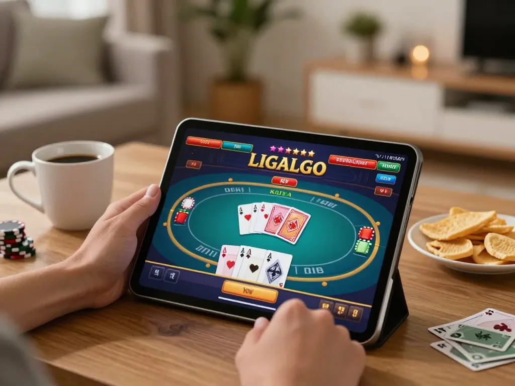 LIGALGO player enjoying strategic gaming on tablet in cozy home setting