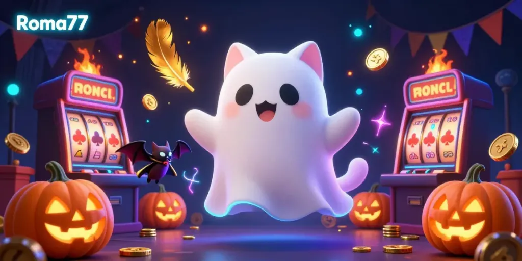 Experience Roma77 with a captivating ghost cat in a haunted casino-themed scene filled with slots and glowing jack-o-lanterns.