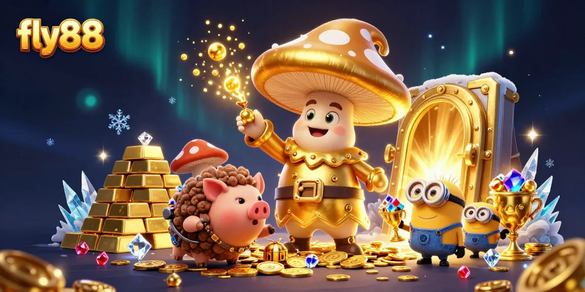 Engage with fly88's magical treasure hunt, featuring a golden mushroom wizard and gems.
