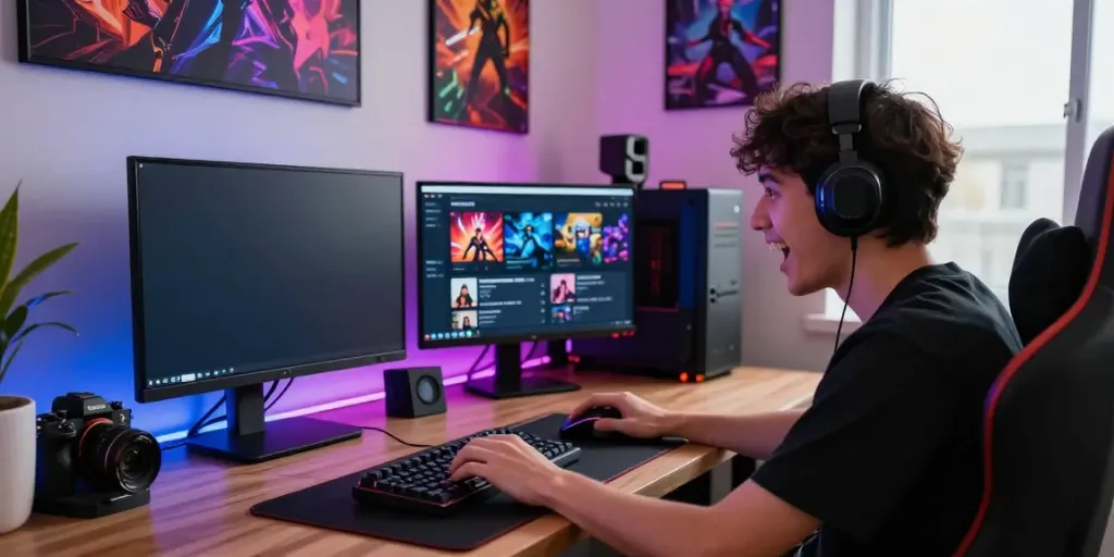Pengguna antusias bermain di CIREBONTOTO, dikelilingi barang-barang gaming modern.