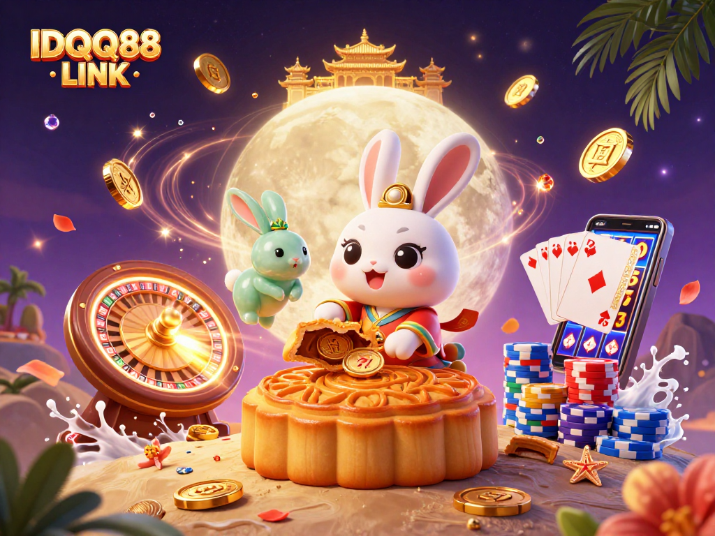 Engage with IDQQ88 LINK as the moon rabbit pounds mooncakes uncovering poker chips, surrounded by dynamic casino elements.